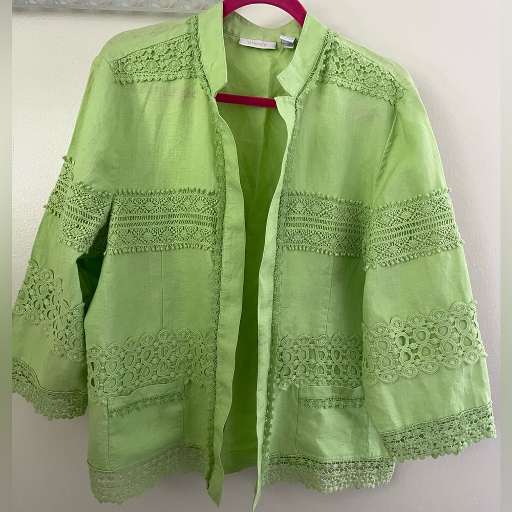 Chico’s Eyelet Lace-Trimmed Women's Linen Jacket size 3(16 or XL)